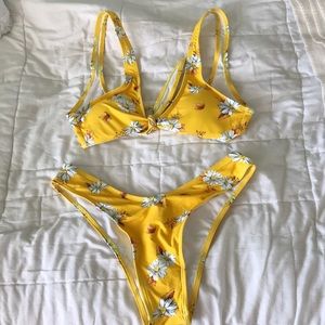 yellow swim set with tie top and cheeky bottoms